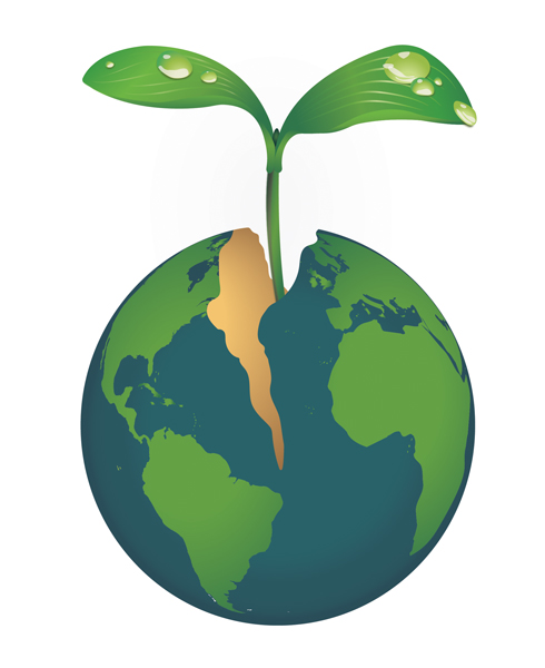 A digital illustration of a globe that has cracked on the top with a plant seedling emerging from the opening.